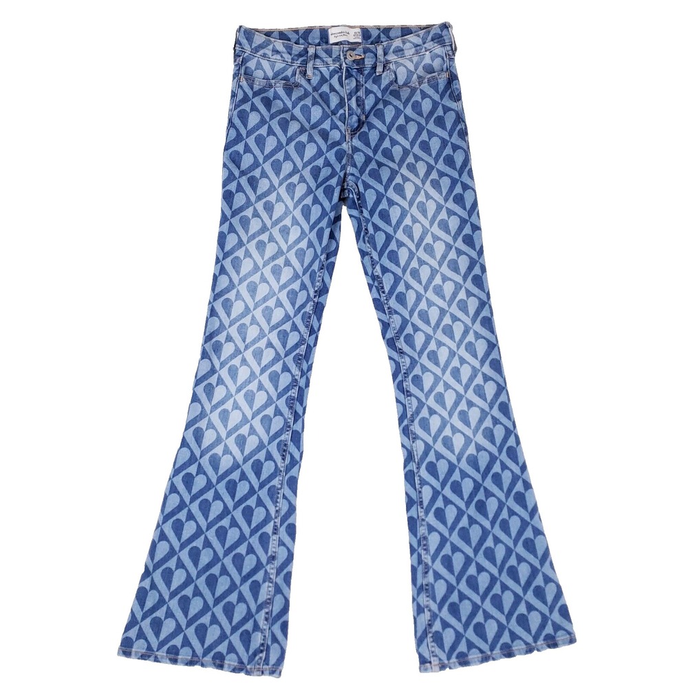 Abercrombie Kids High Rise Flare Jeans Blue Heart Pattern 28x31 Y2K Revival Glam